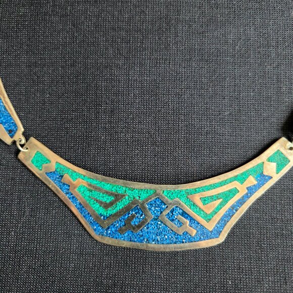 Vintage Aztec style bib choker necklace pendant Alpaca silver Mexico. - Picture 2 of 9